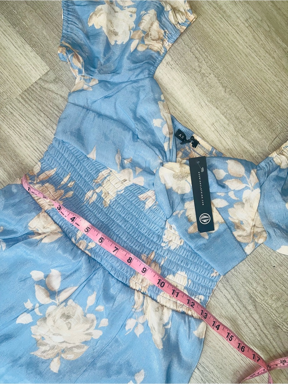 NWT Women's Blue Floral Midi Dress Puff Sleeve Smocked Twist Front A-Line - Picture 5 of 14